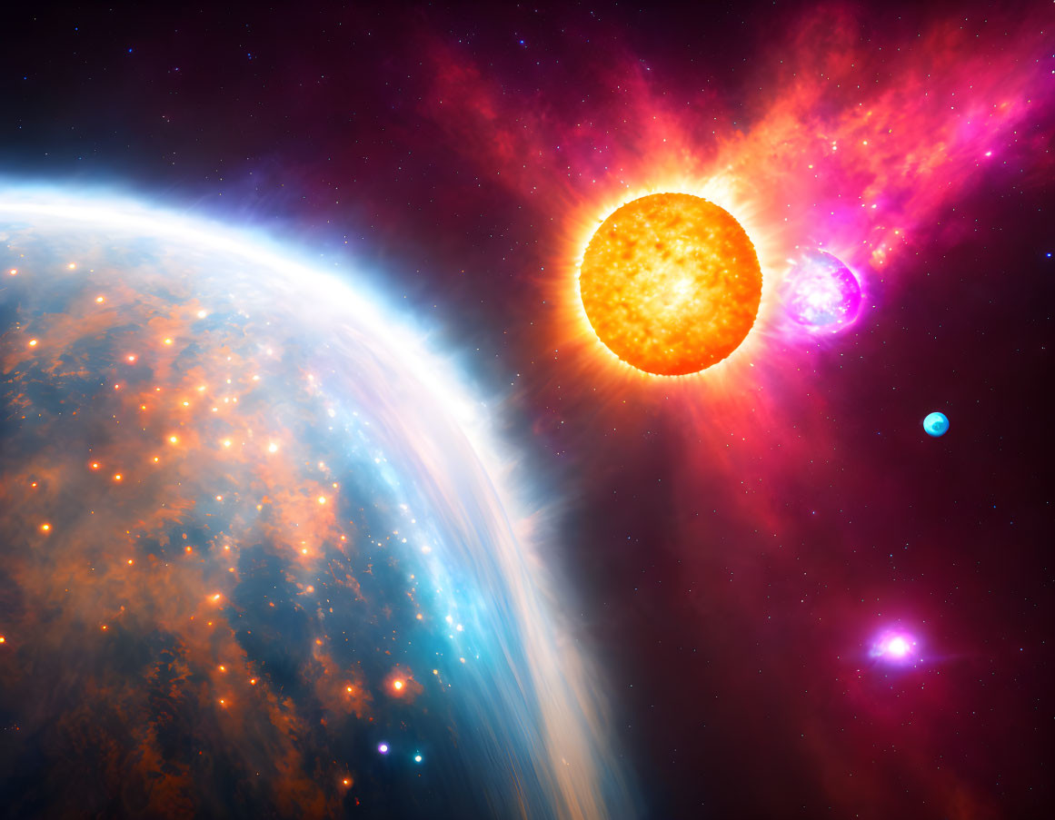 Colorful Space Scene with Sun, Nebula, and Celestial Bodies