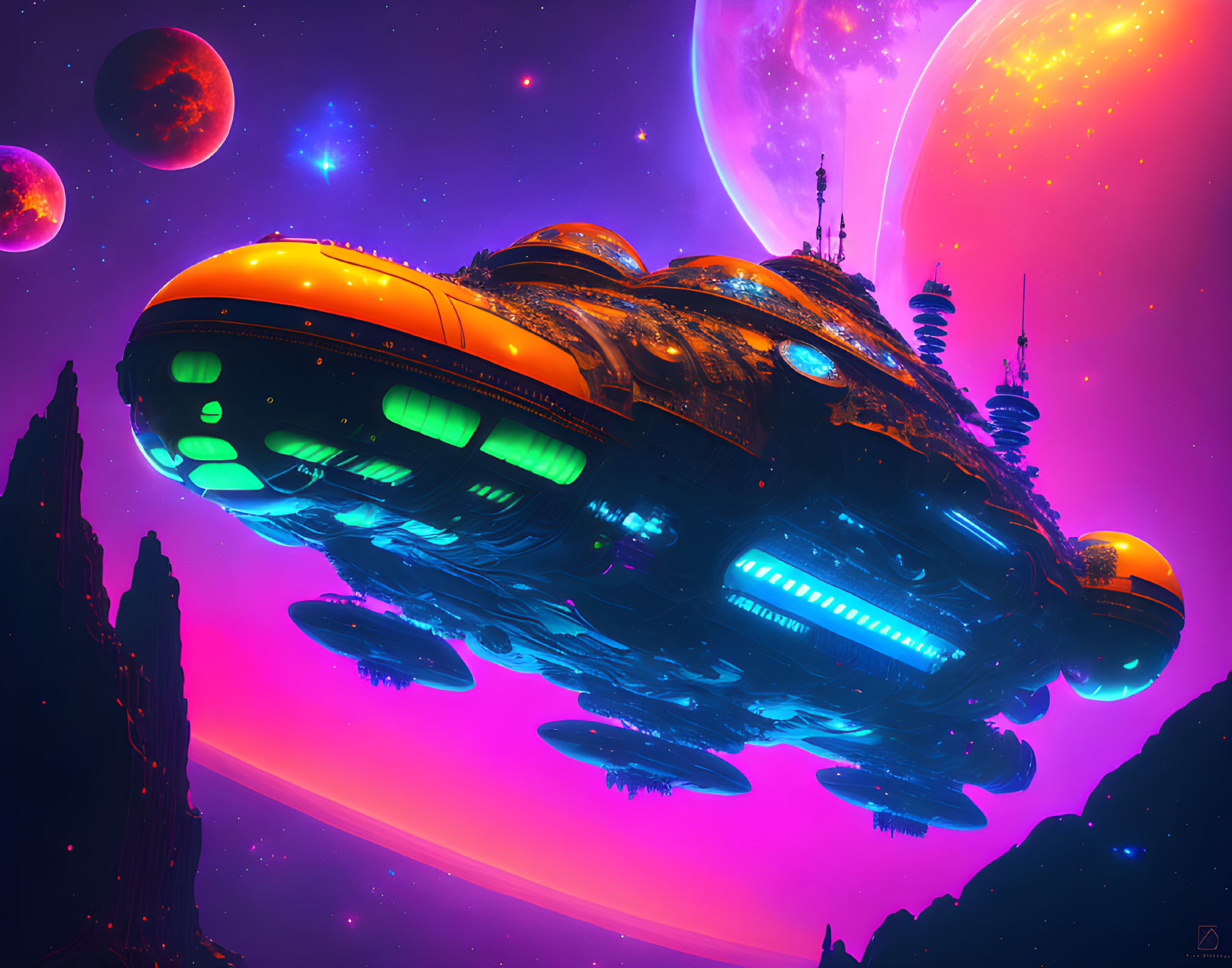 Futuristic spaceship above neon-lit alien landscape