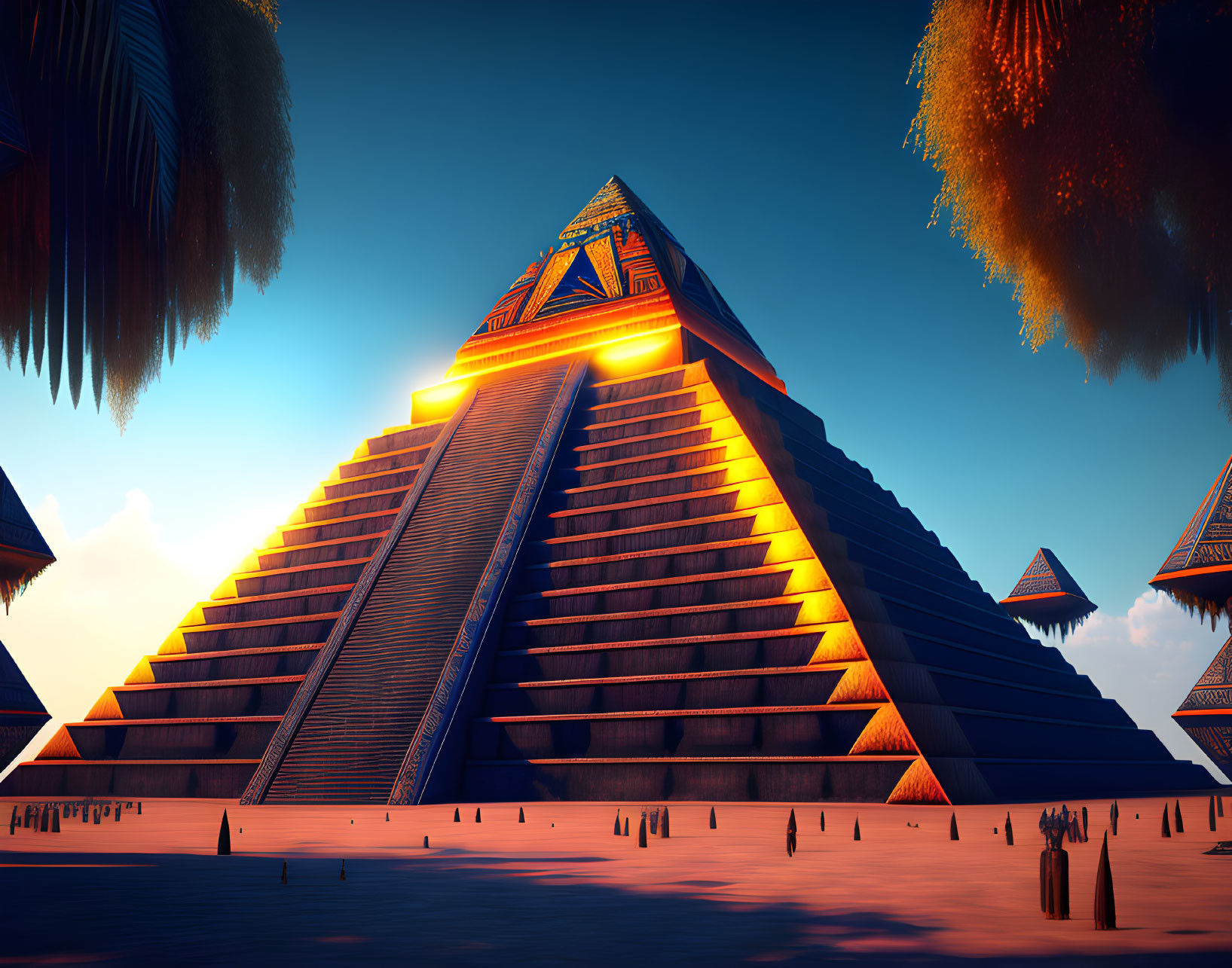 Stylized illuminated pyramid at twilight with glowing accents and palm trees.