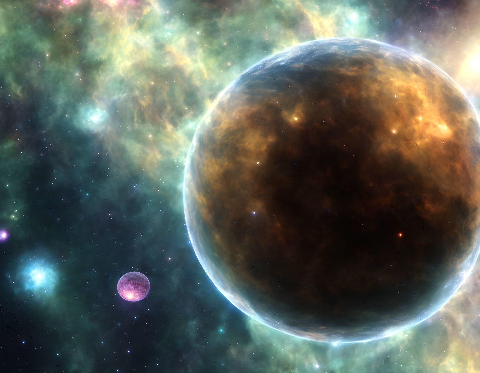 Textured large planet with smaller one in vibrant cosmic nebula