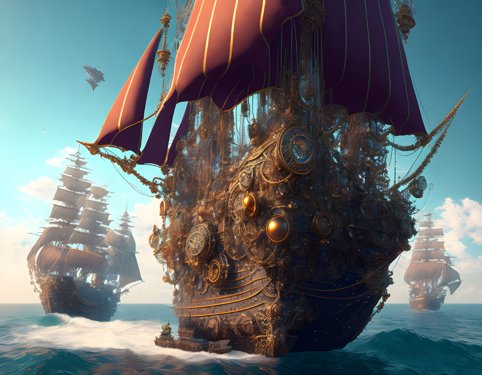 Golden fantasy galleon with purple sails on calm sea among other ships