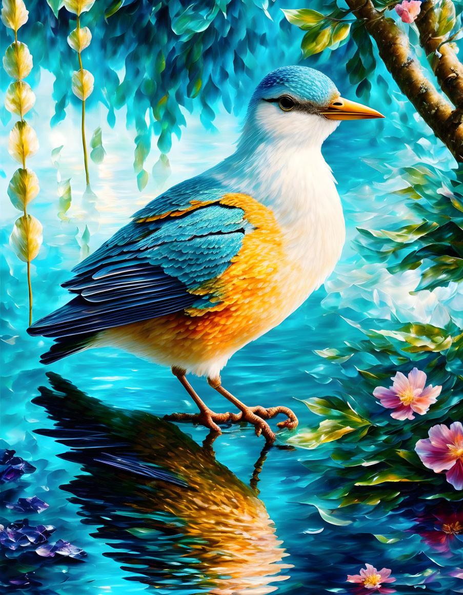 Colorful stylized bird with blue and orange plumage in vibrant nature scene