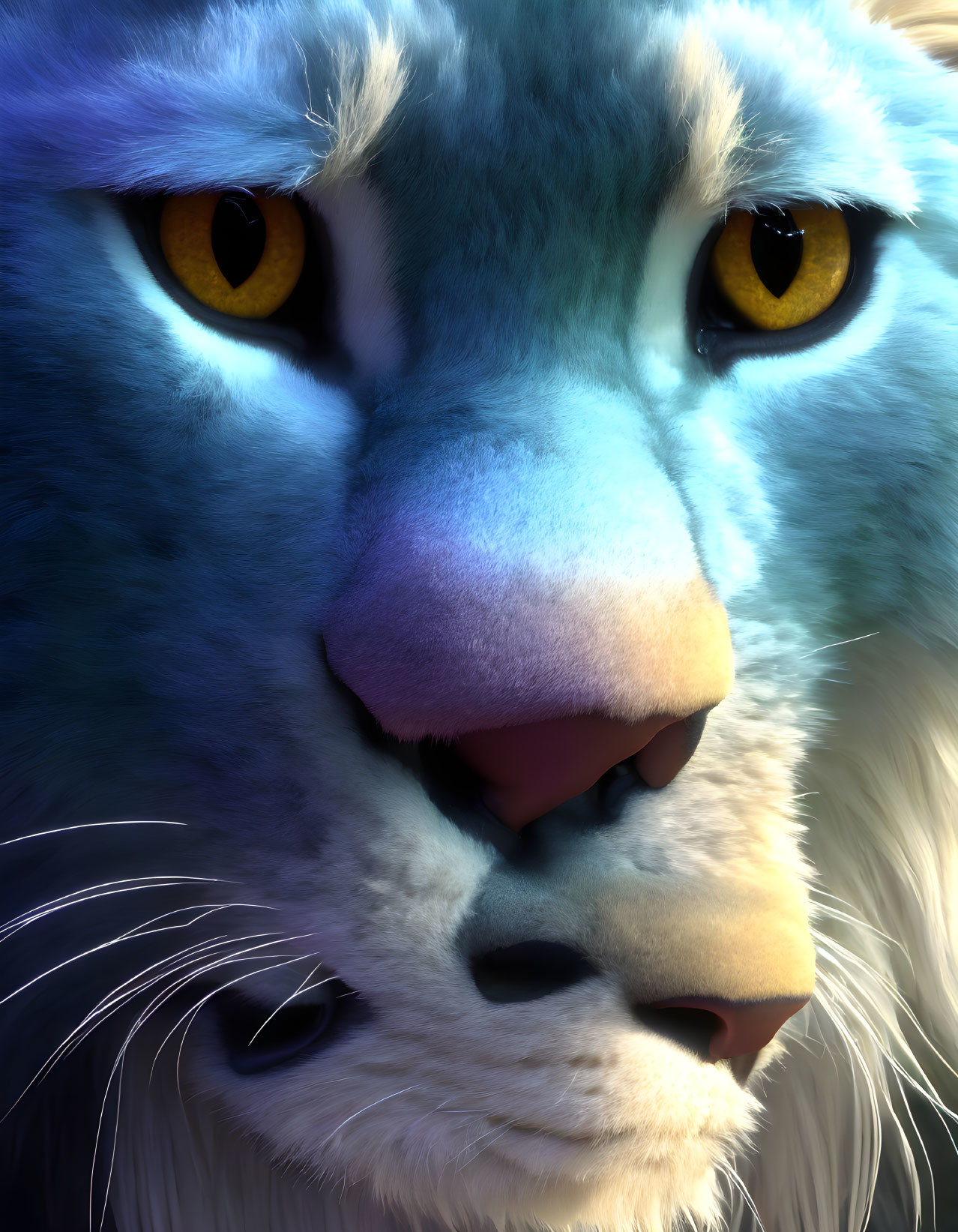 Detailed digital art: Lion with yellow eyes and blue fur textures