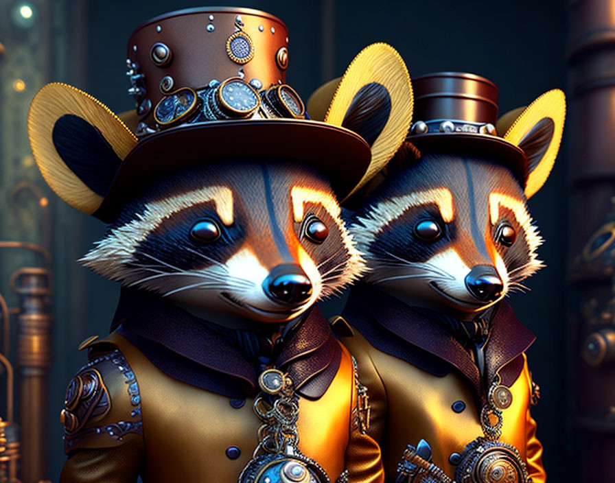 Anthropomorphic raccoons in steampunk attire on mechanical backdrop