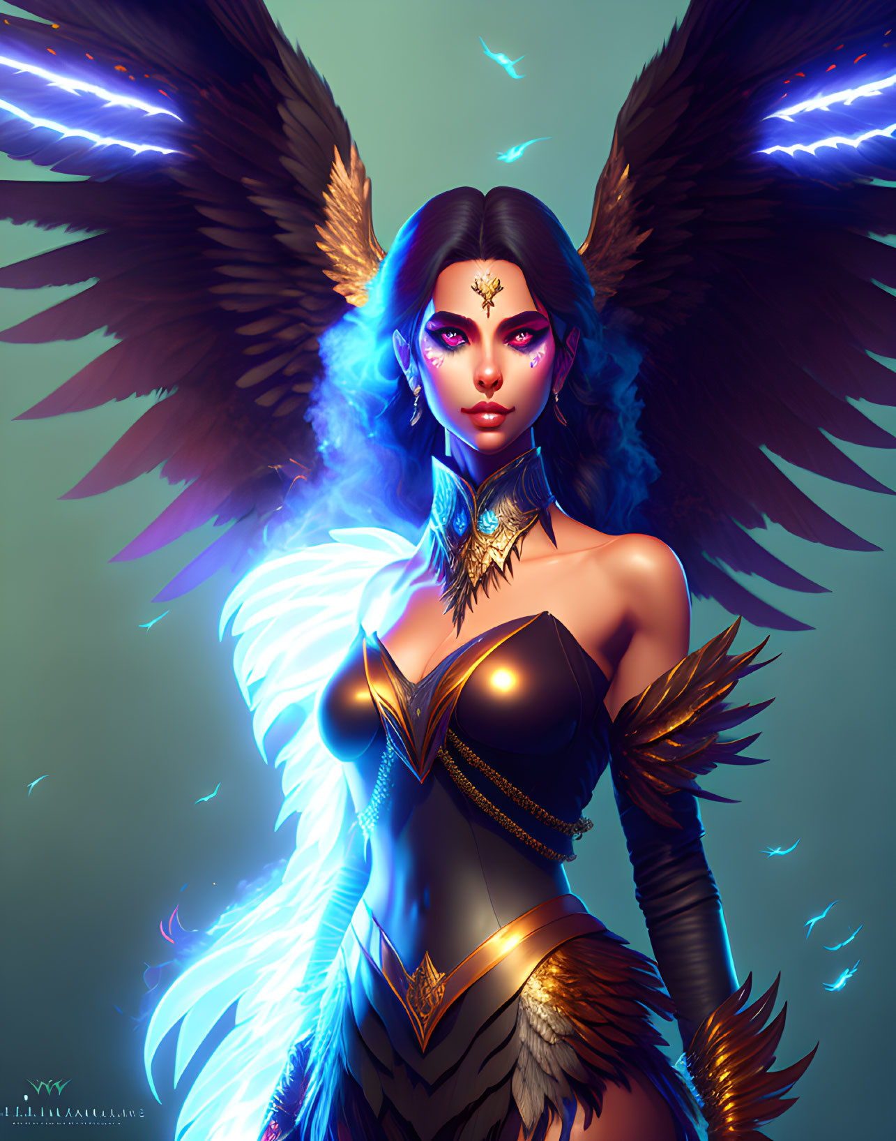 Digital artwork: Woman with dark hair, blue angelic wings, fantasy armor, gold jewelry on teal