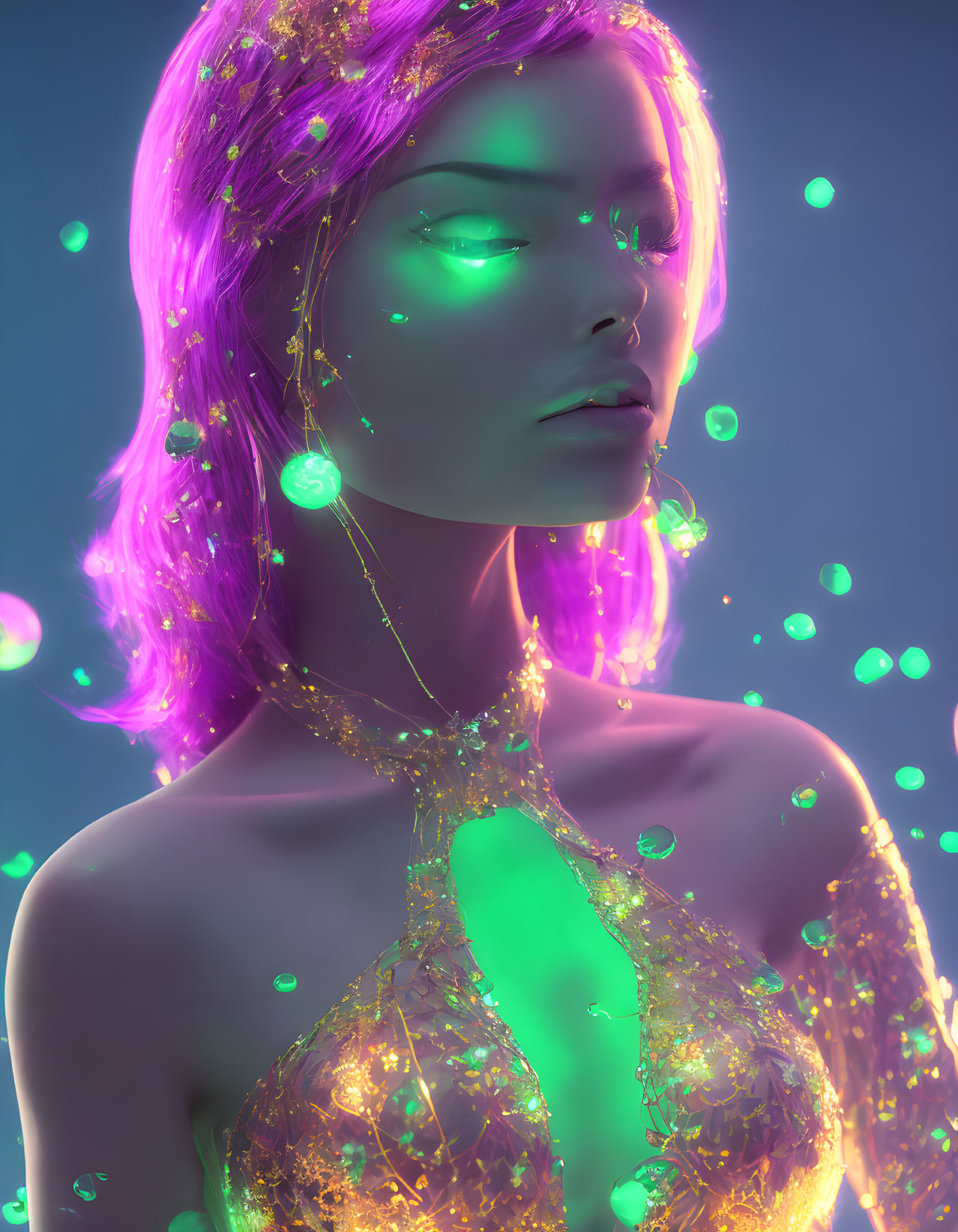 Digital artwork: Woman with green eyes, purple hair, golden dress, surrounded by luminescent particles