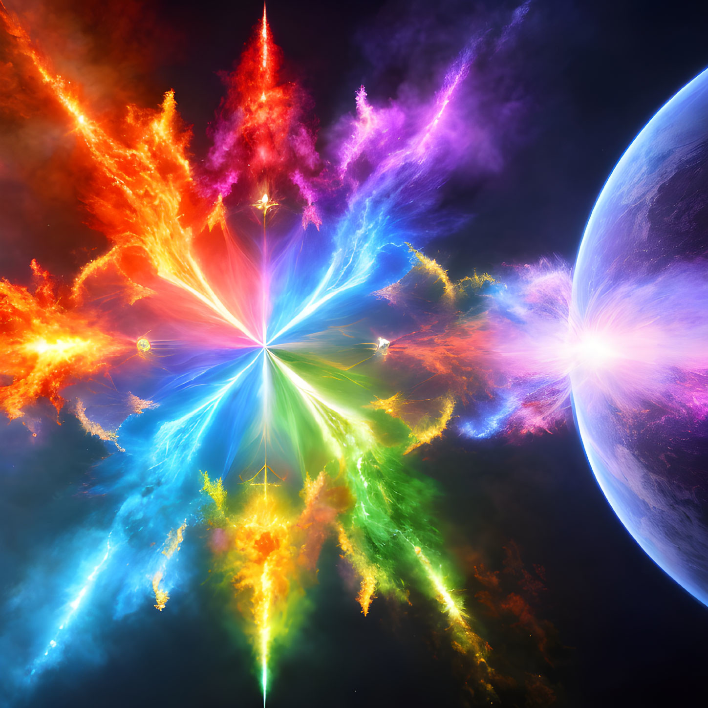 Neon-colored fractal explosion near planet in cosmic scene