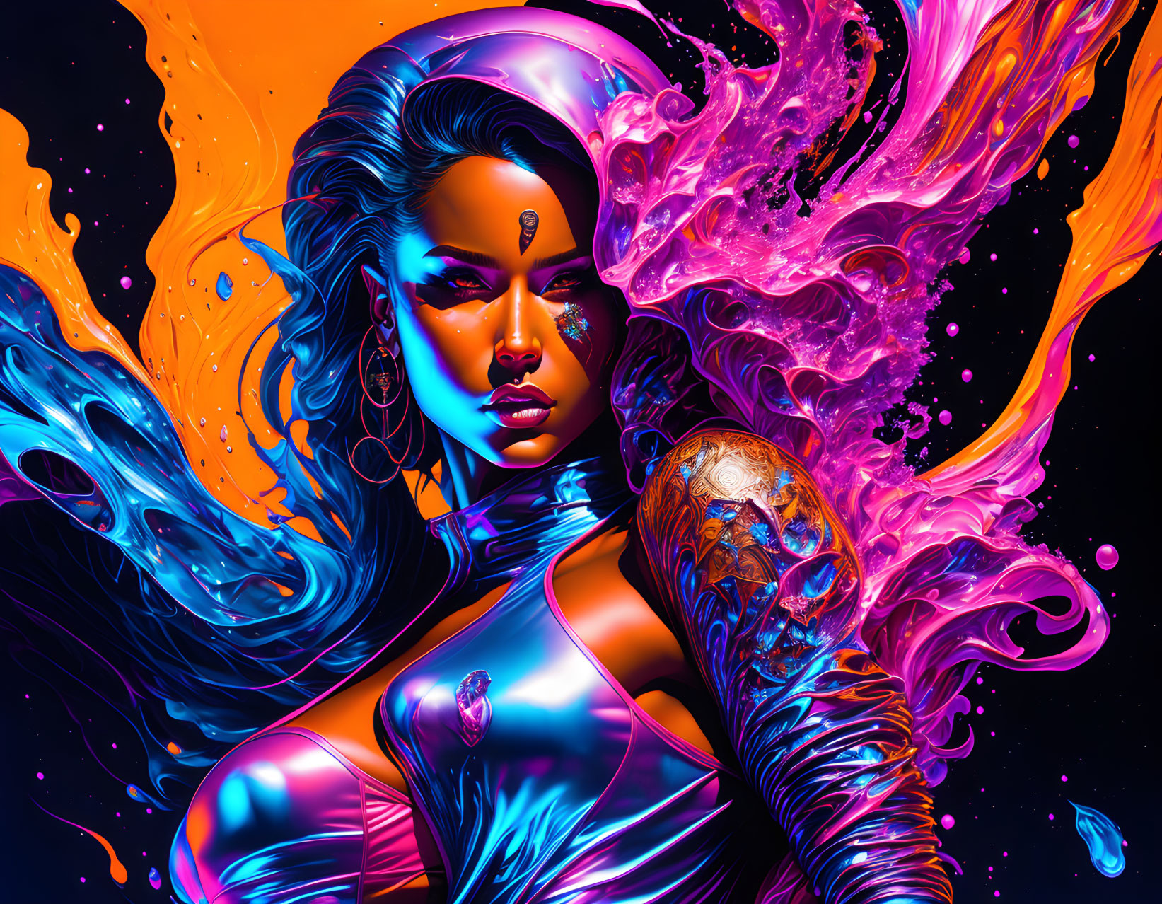 Colorful digital artwork of woman with blue skin and cybernetic arm tattoos