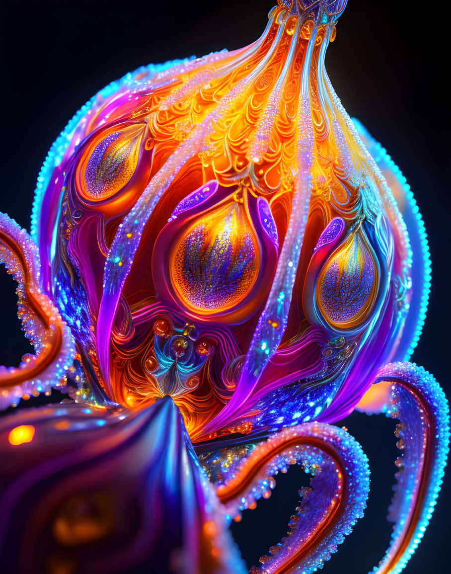 Luminous tendrils and orbs on dark background: mesmerizing fractal structure