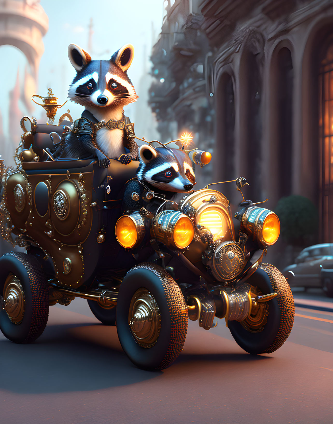 Vintage attired animated raccoons in ornate steampunk vehicle in city dusk scene