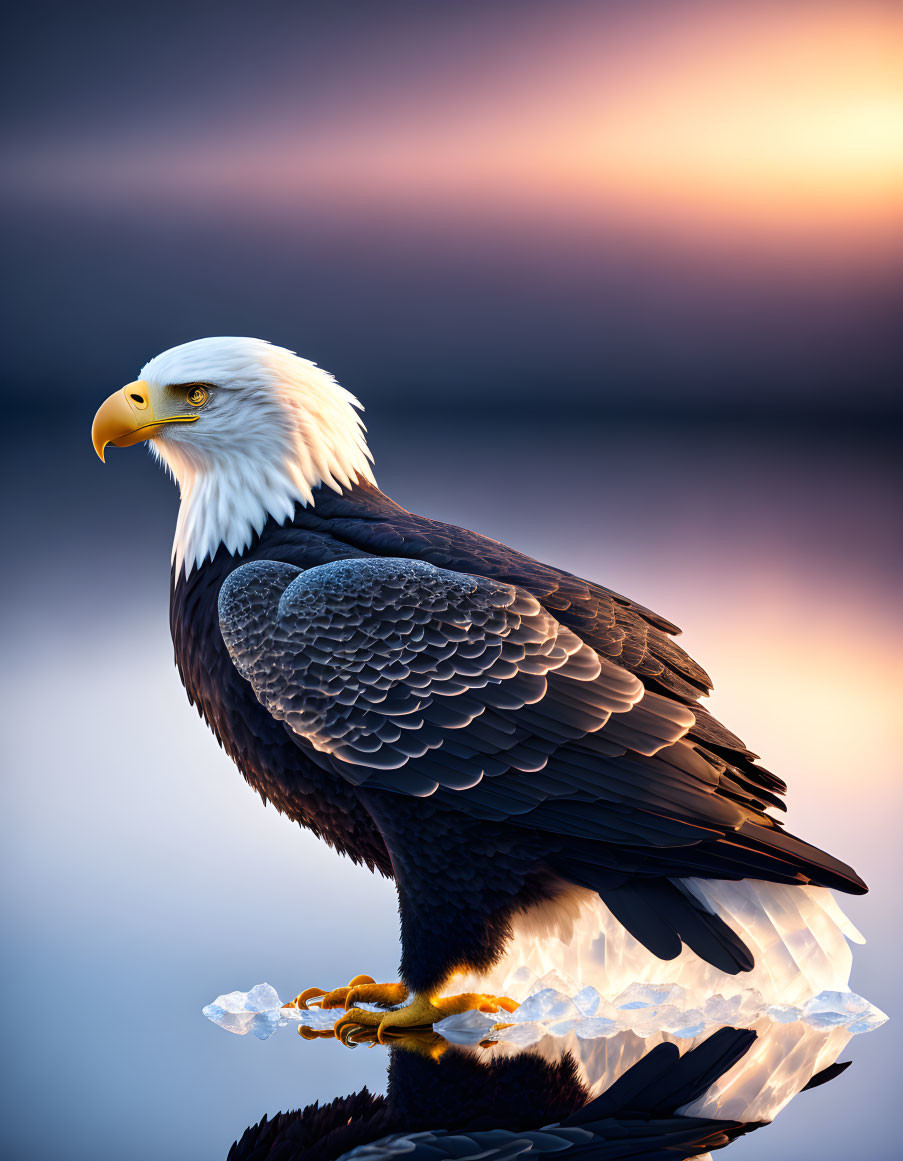 Bald Eagle Perched on Translucent Structure at Sunset