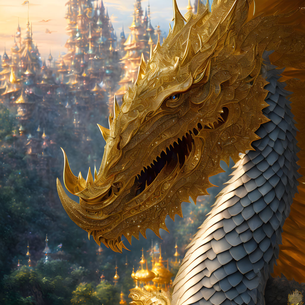 Golden Dragon overlooking ancient ornate city in warm forest light