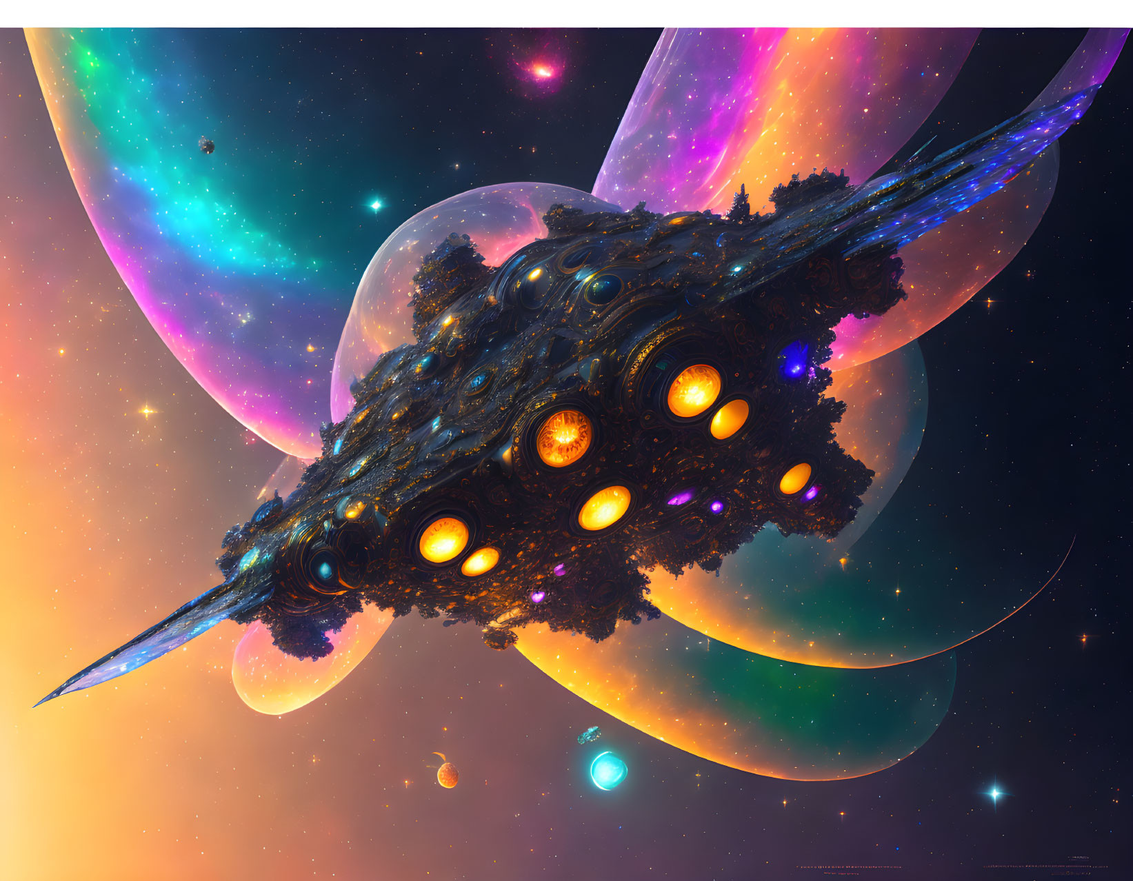 Vibrant digital artwork: futuristic spaceship in cosmic scene