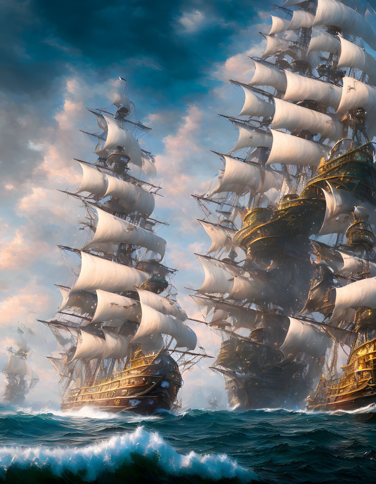 Sailing ships with billowing sails on sunlit waters