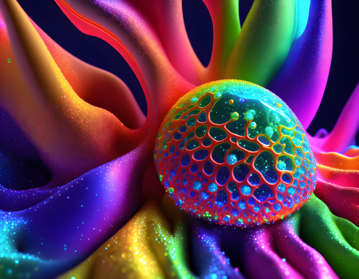 Colorful Bubble Structure Surrounded by Swirling Fabric Textures