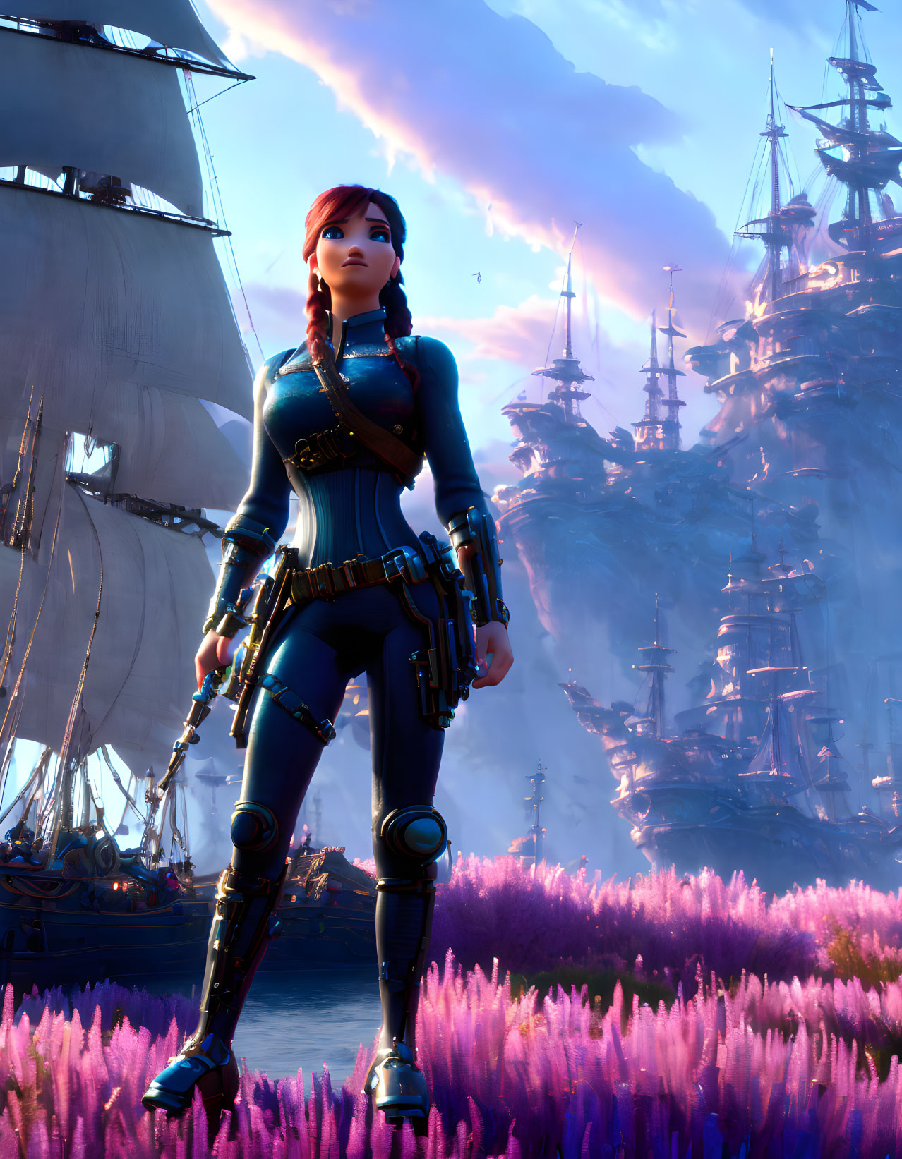 Female character with bionic arm and leg in vibrant landscape with purple flora and sailing ships