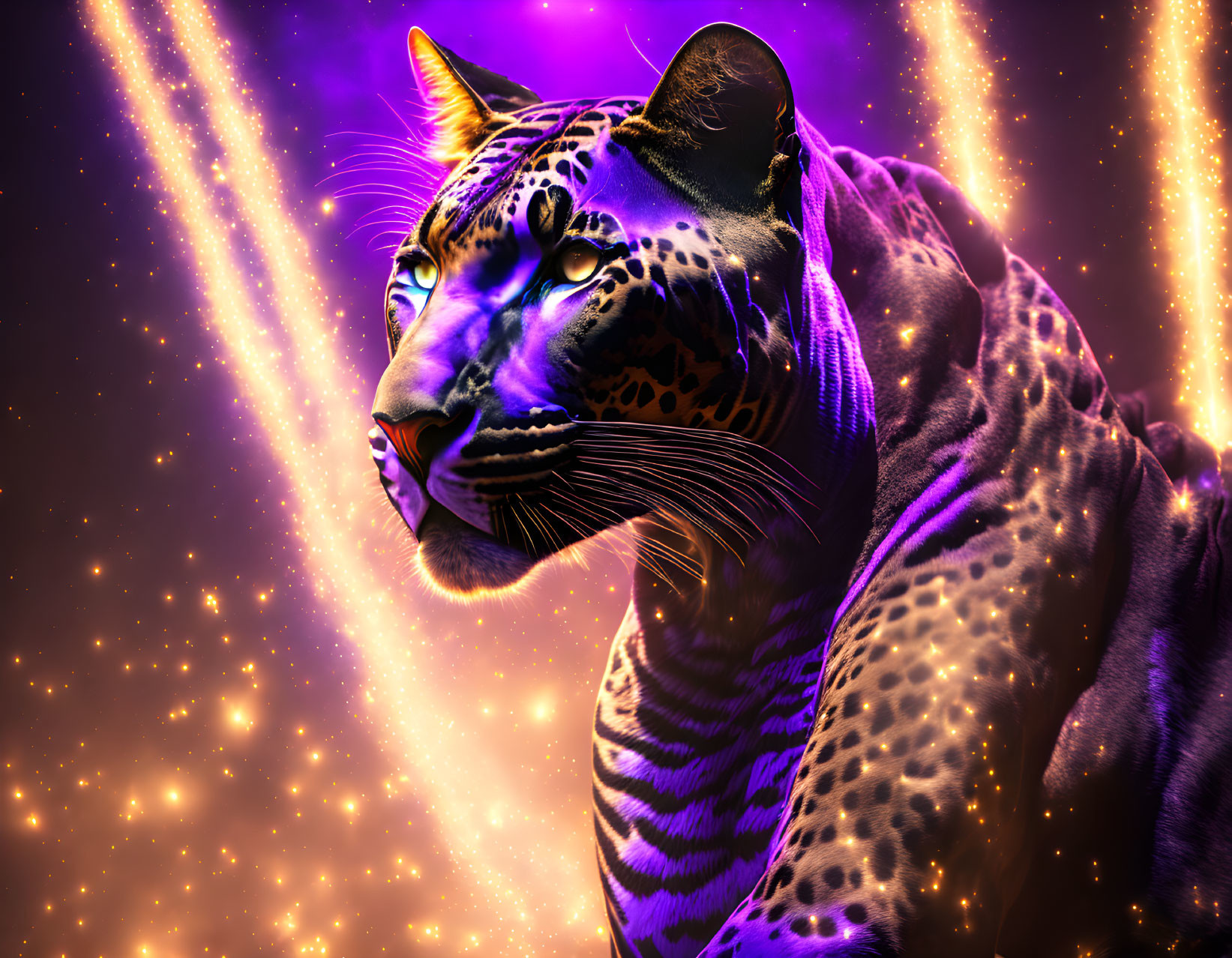 Colorful Leopard Artwork in Purple and Yellow on Cosmic Background