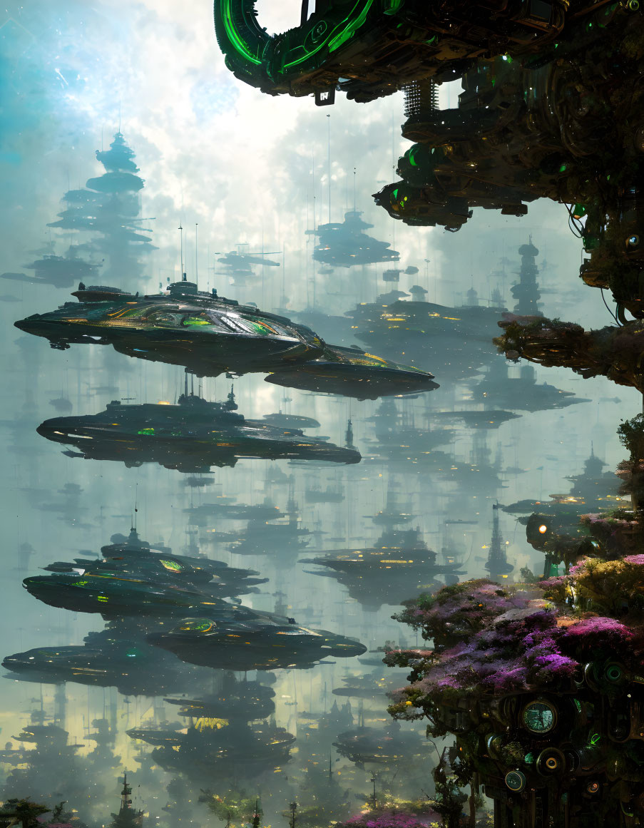 Futuristic cityscape with floating ships and towering spires