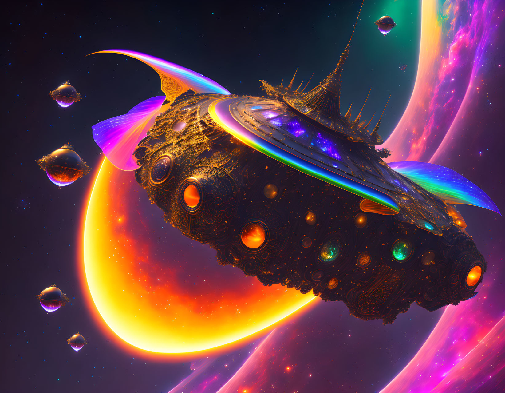 Futuristic spaceship with iridescent wings near swirling cosmic planet