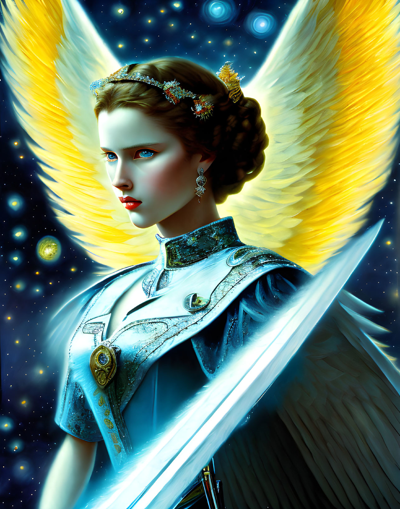 Illustrated angel with glowing wings in blue and silver attire against starry backdrop