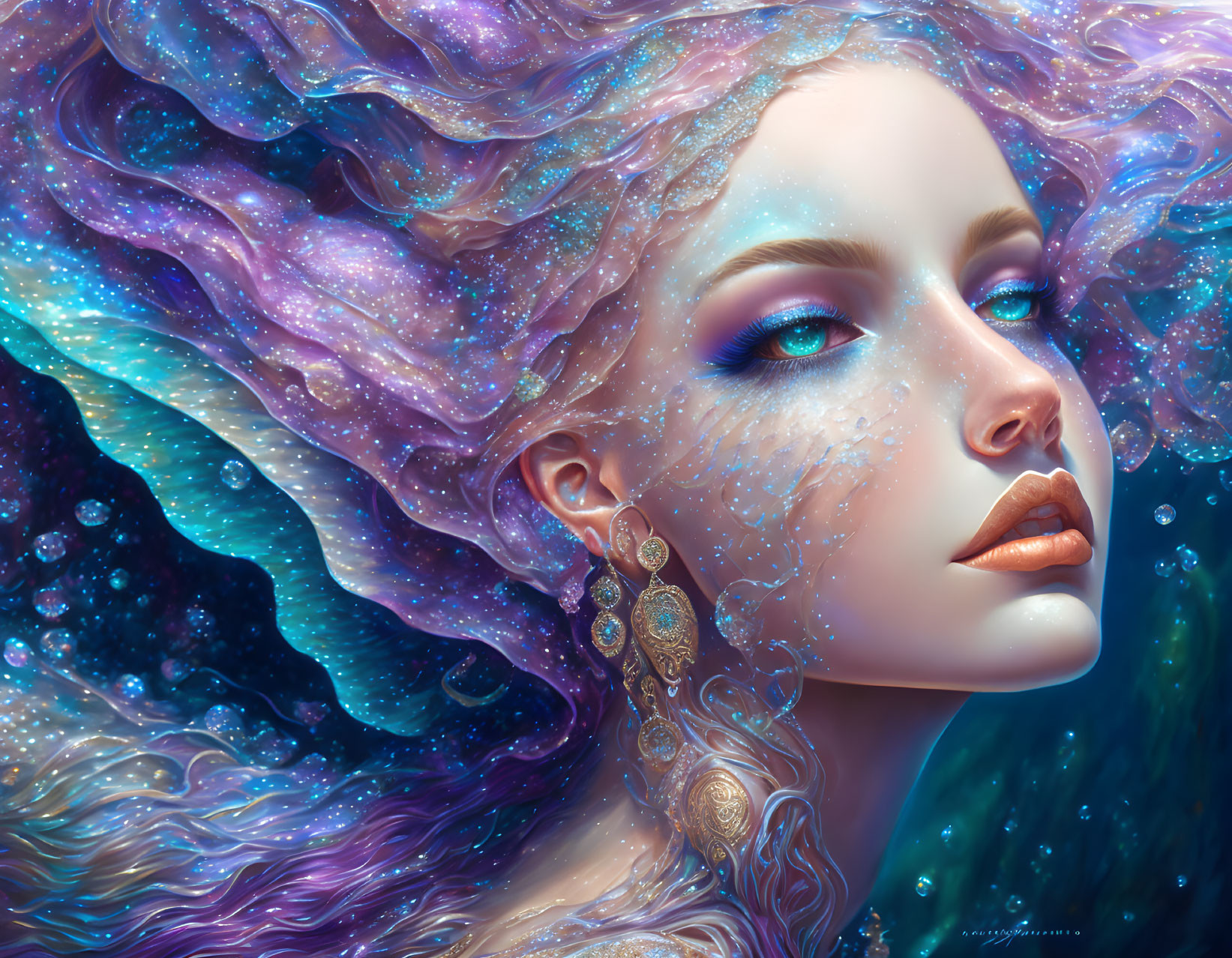 Cosmic-themed digital portrait of a woman with galaxy-inspired hair and vibrant makeup