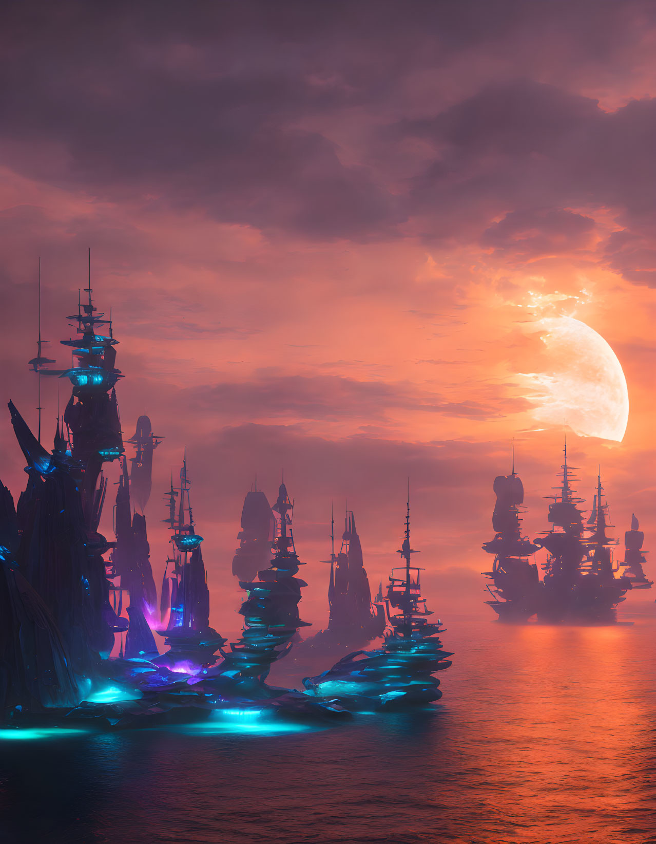 Neon-lit futuristic ships near rocks under pink moonlit sky