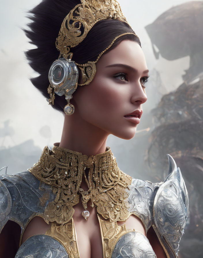 Elaborate golden headgear and futuristic armor on a woman with ornate design