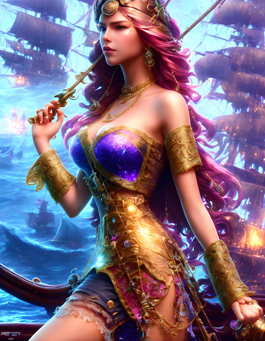 Fantasy female warrior digital art with pink hair and golden armor