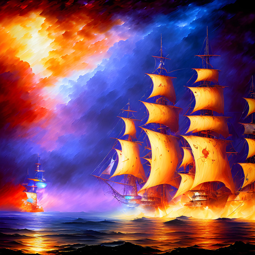 Colorful digital art: tall ships, billowing sails, fiery clouds, tumultuous sea