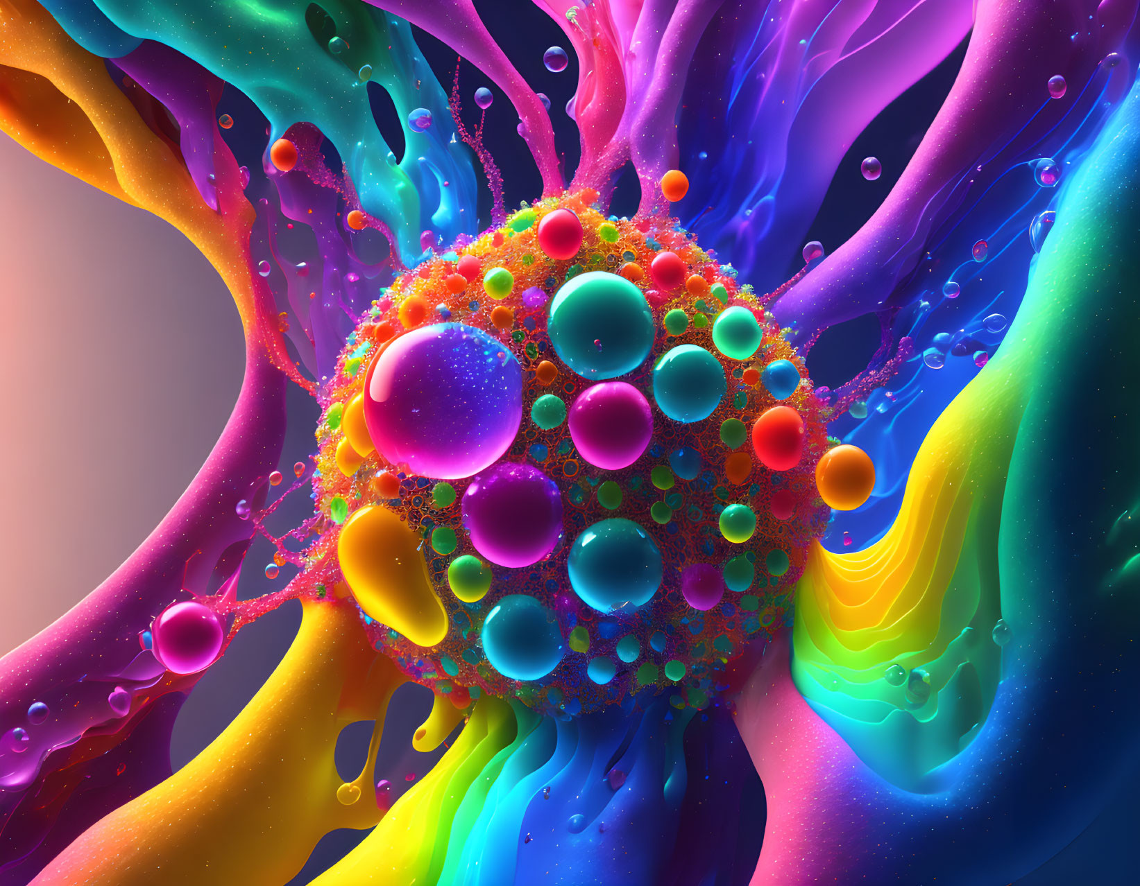 Abstract Neon Sphere with Colorful Bubbles and Paint Splashes