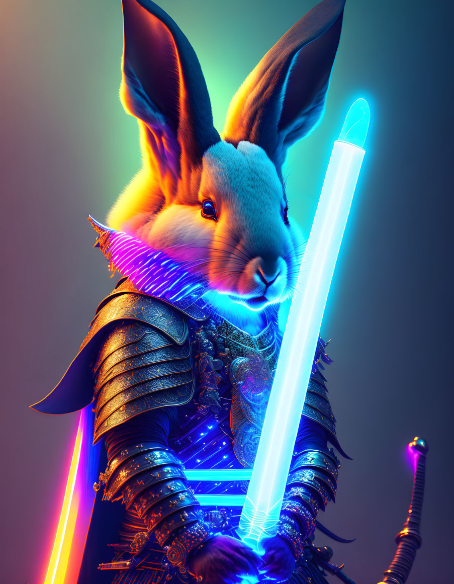 Fantastical warrior rabbit in ornate armor with glowing blue sword