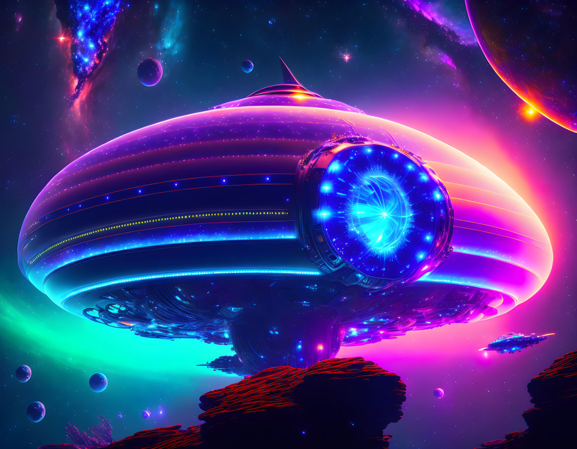 Futuristic spaceship art in vibrant digital style