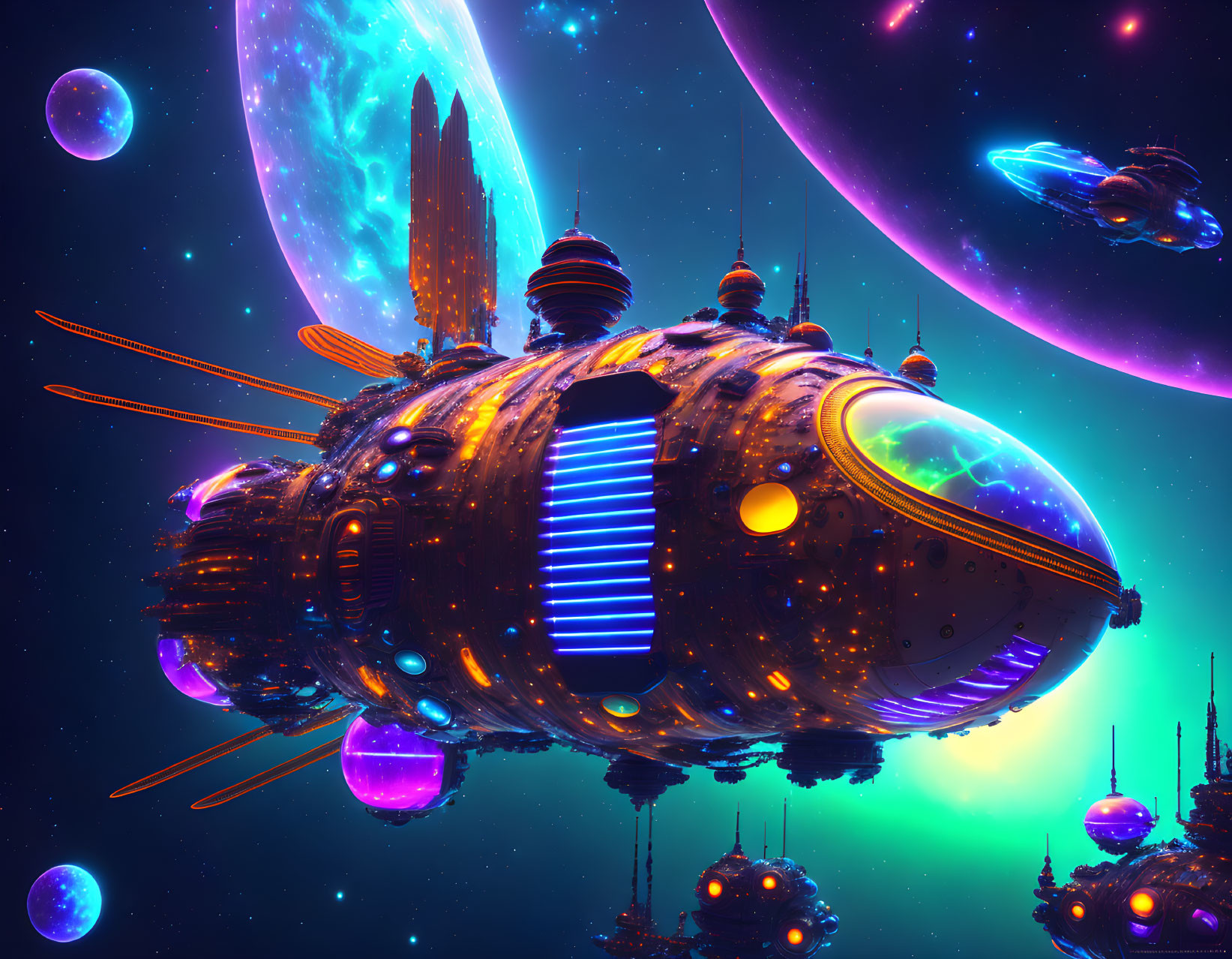Detailed Futuristic Spaceship Surrounded by Colorful Planets