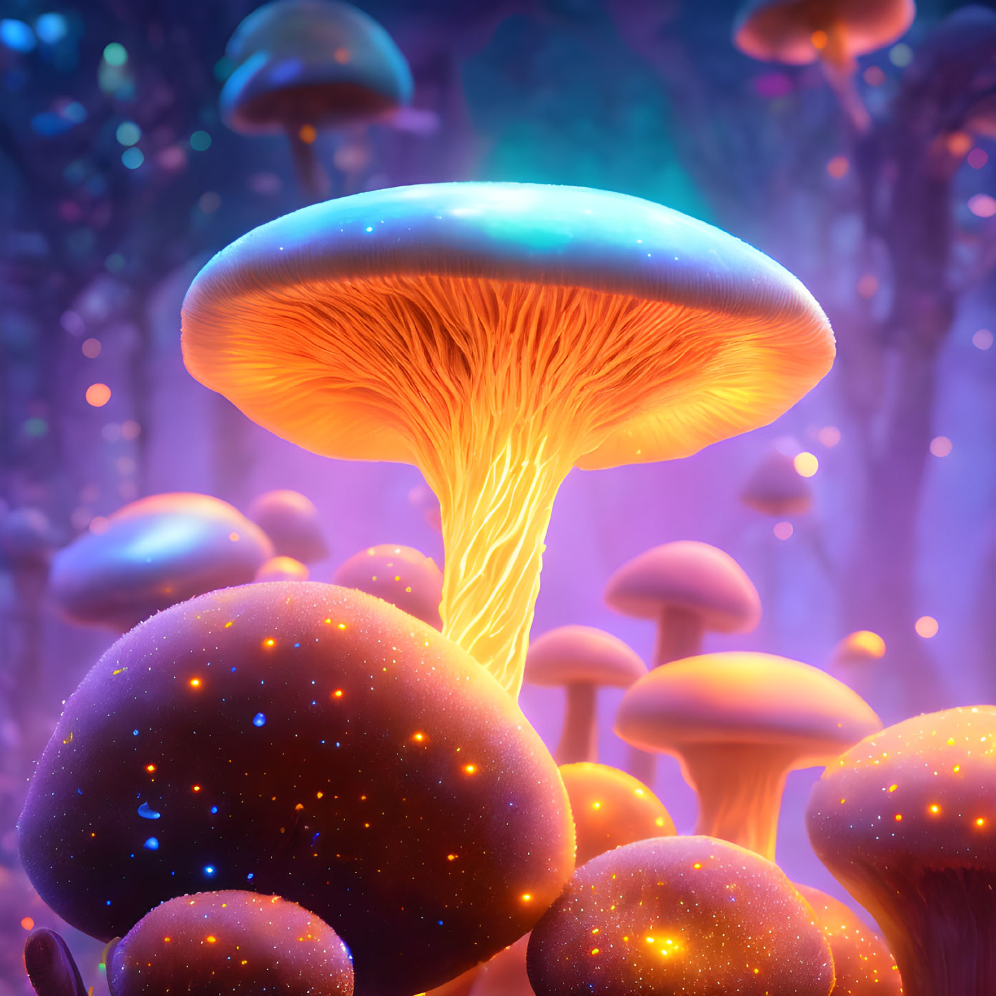 Enchanted forest with oversized glowing mushrooms in purple and orange hues