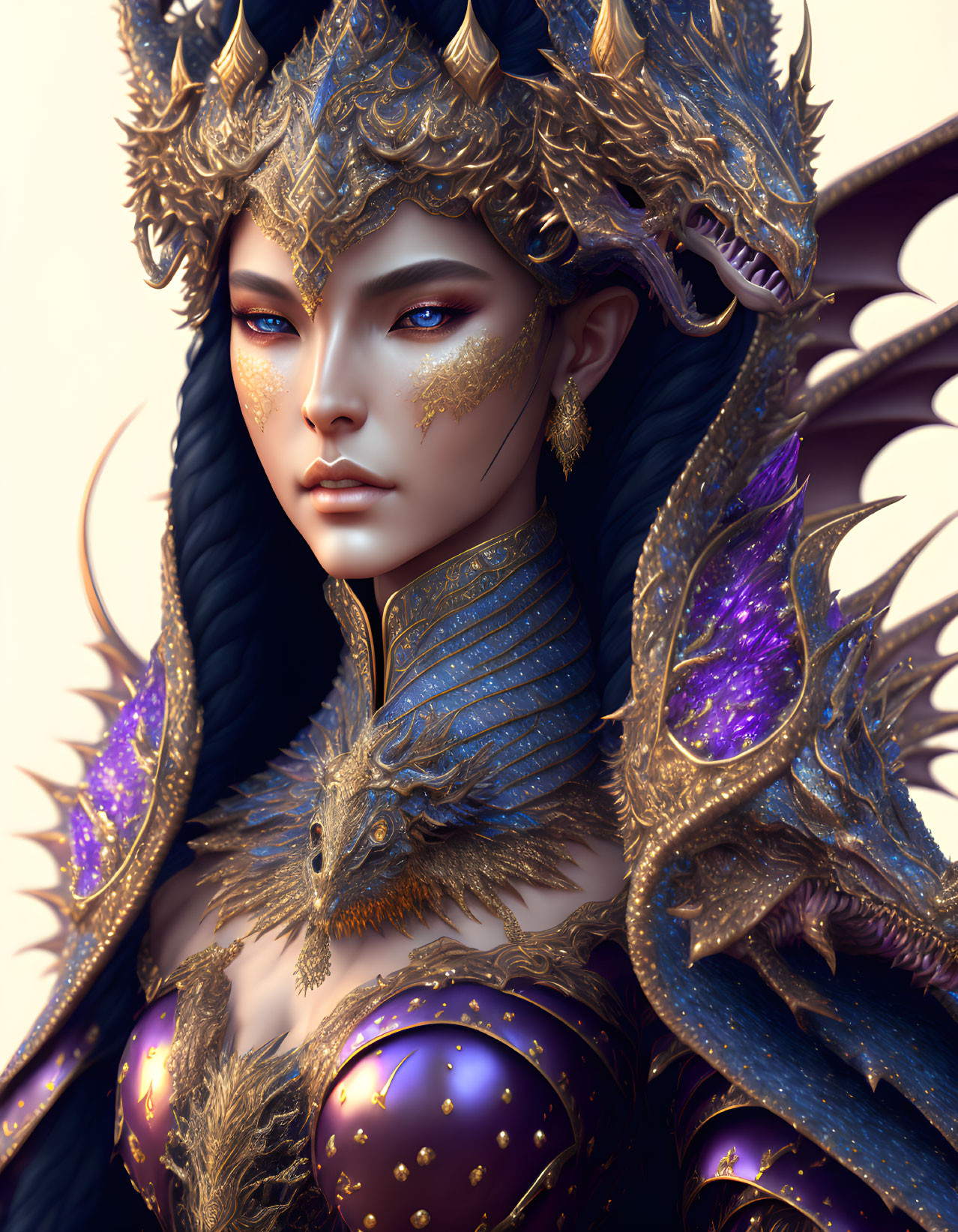 Golden-hued regal figure in dragon-themed armor with purple gems.