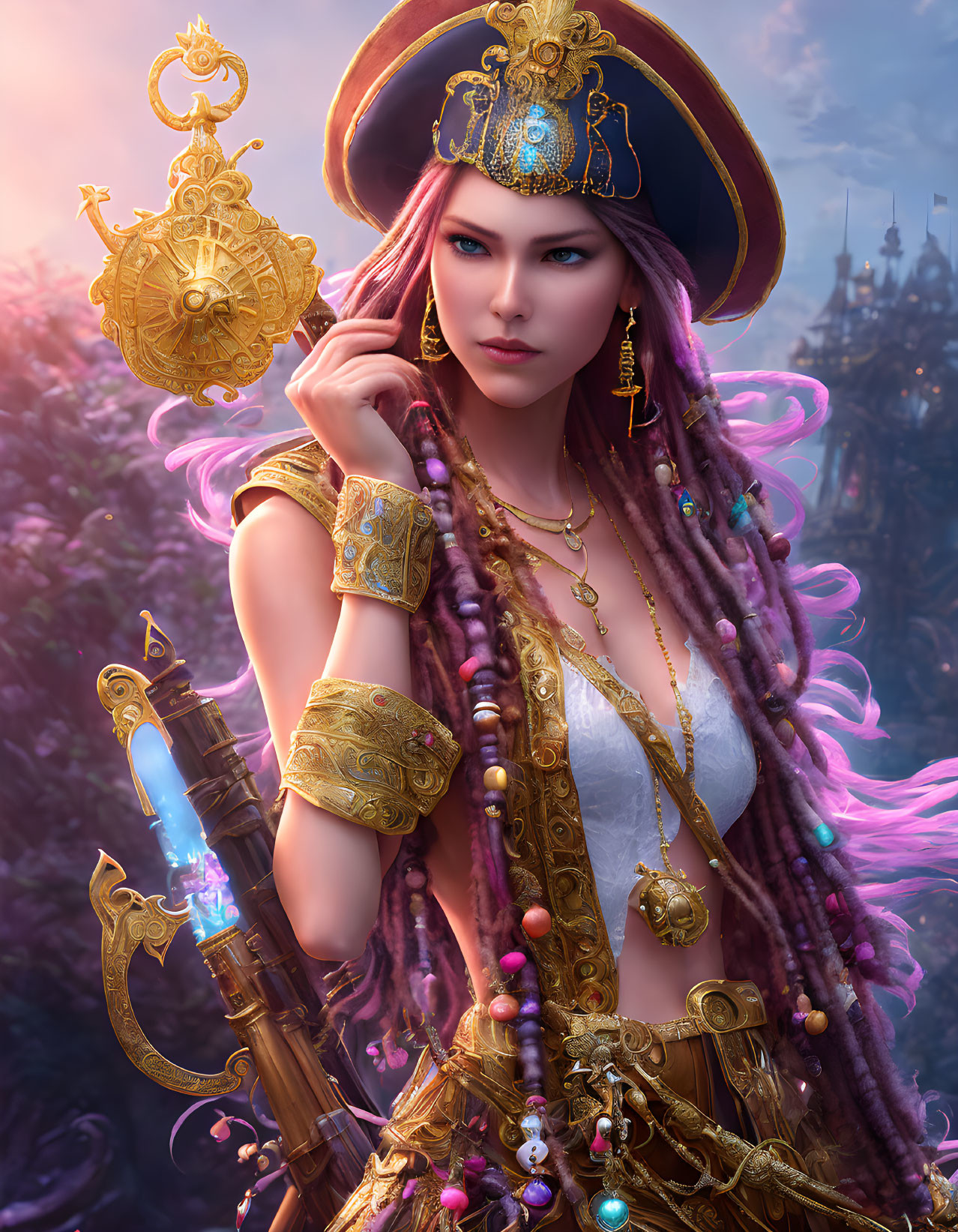 Fantasy female pirate with ornate dreadlocks and magical rifle against mystical city.