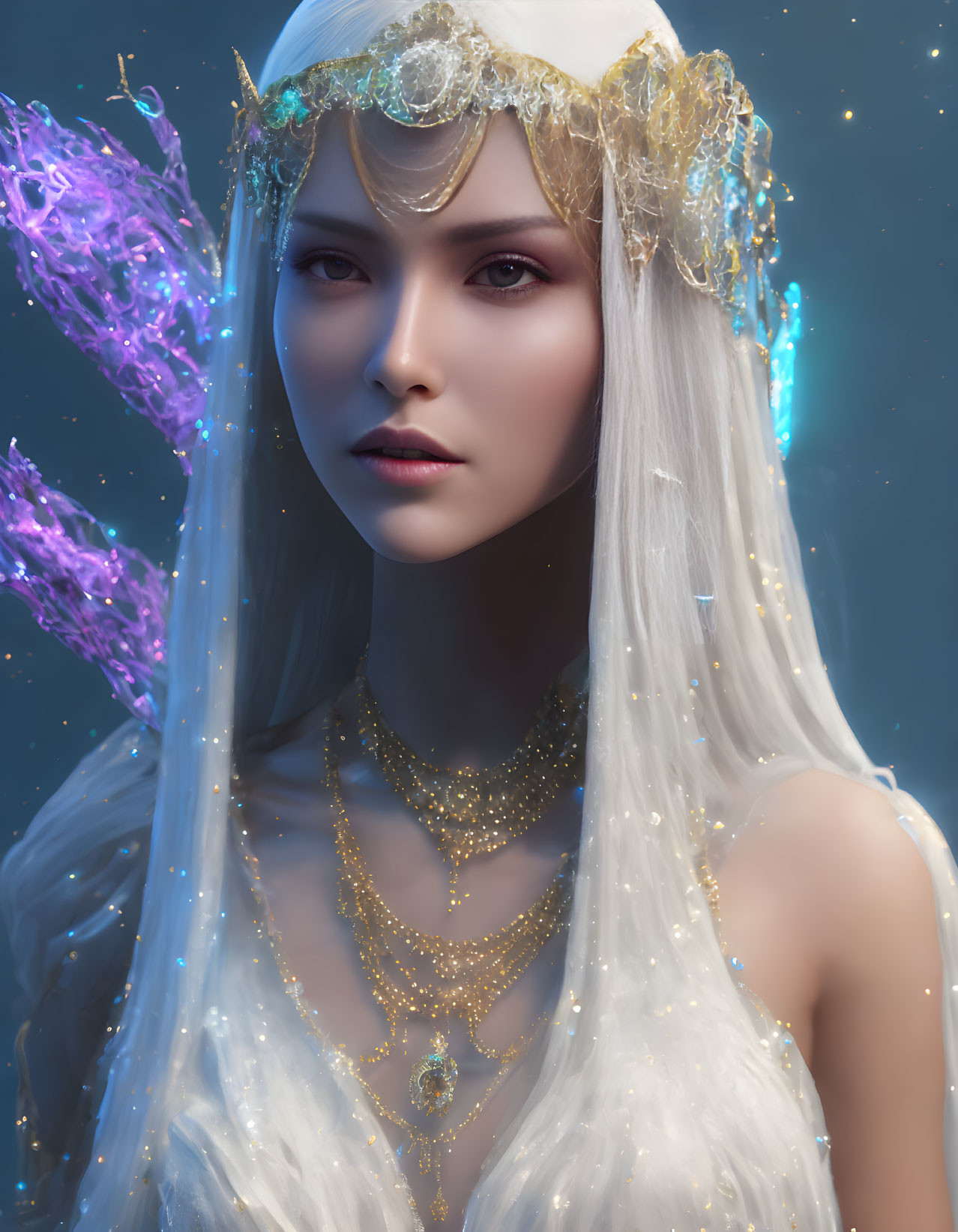 Fantasy character with long white hair and golden crown, surrounded by intricate jewelry and glowing crystal.