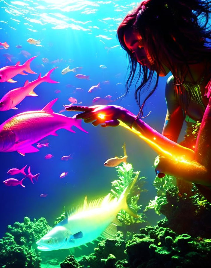 Underwater Diver Surrounded by Colorful Fish and Vibrant Marine Life