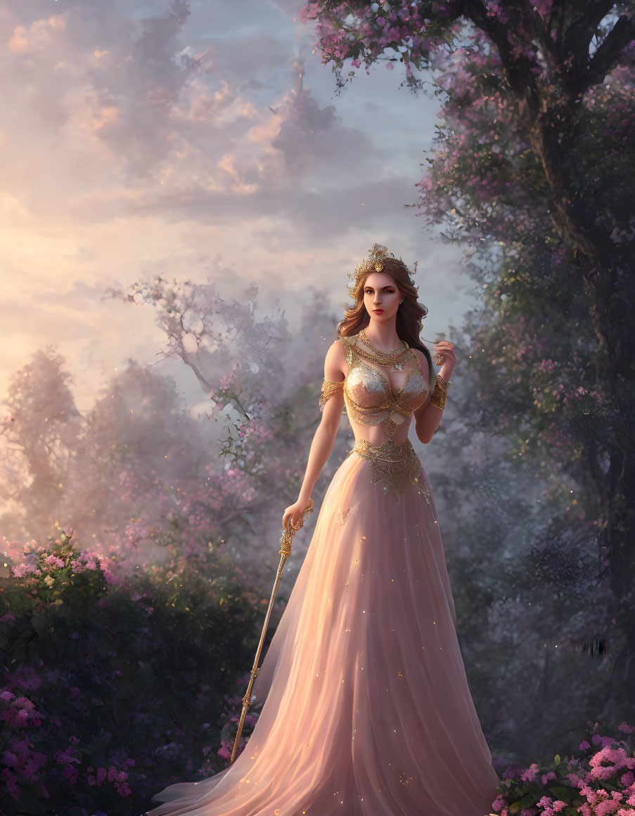 Regal woman in pink gown with golden crown in magical forest at dusk