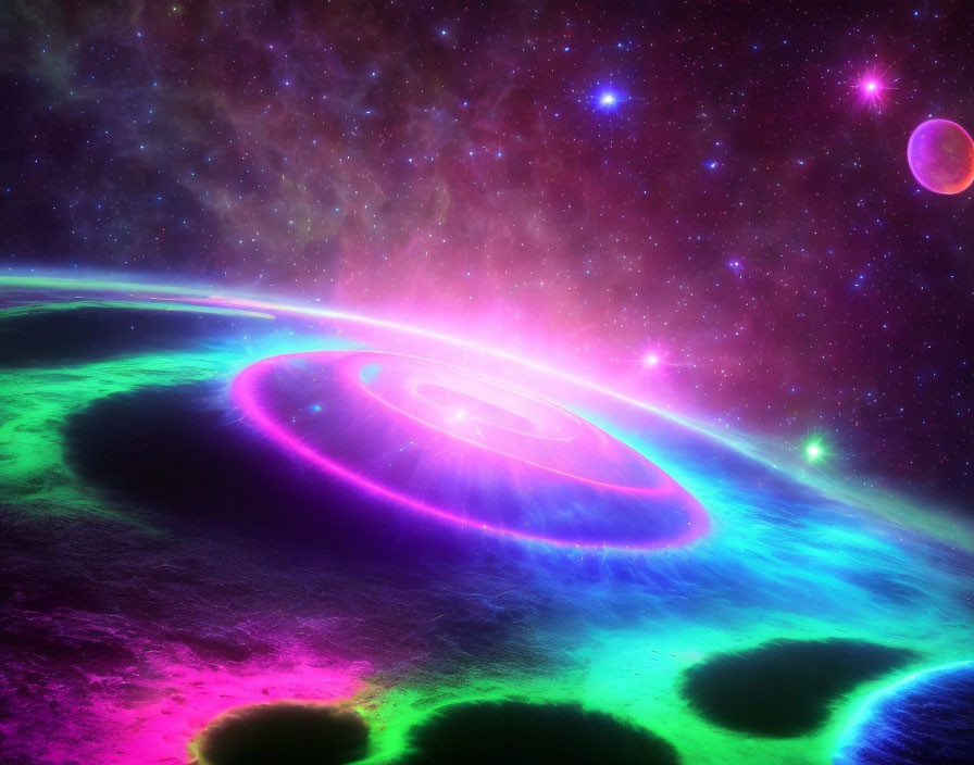 Neon-colored spiral galaxy with stars in cosmic scenery