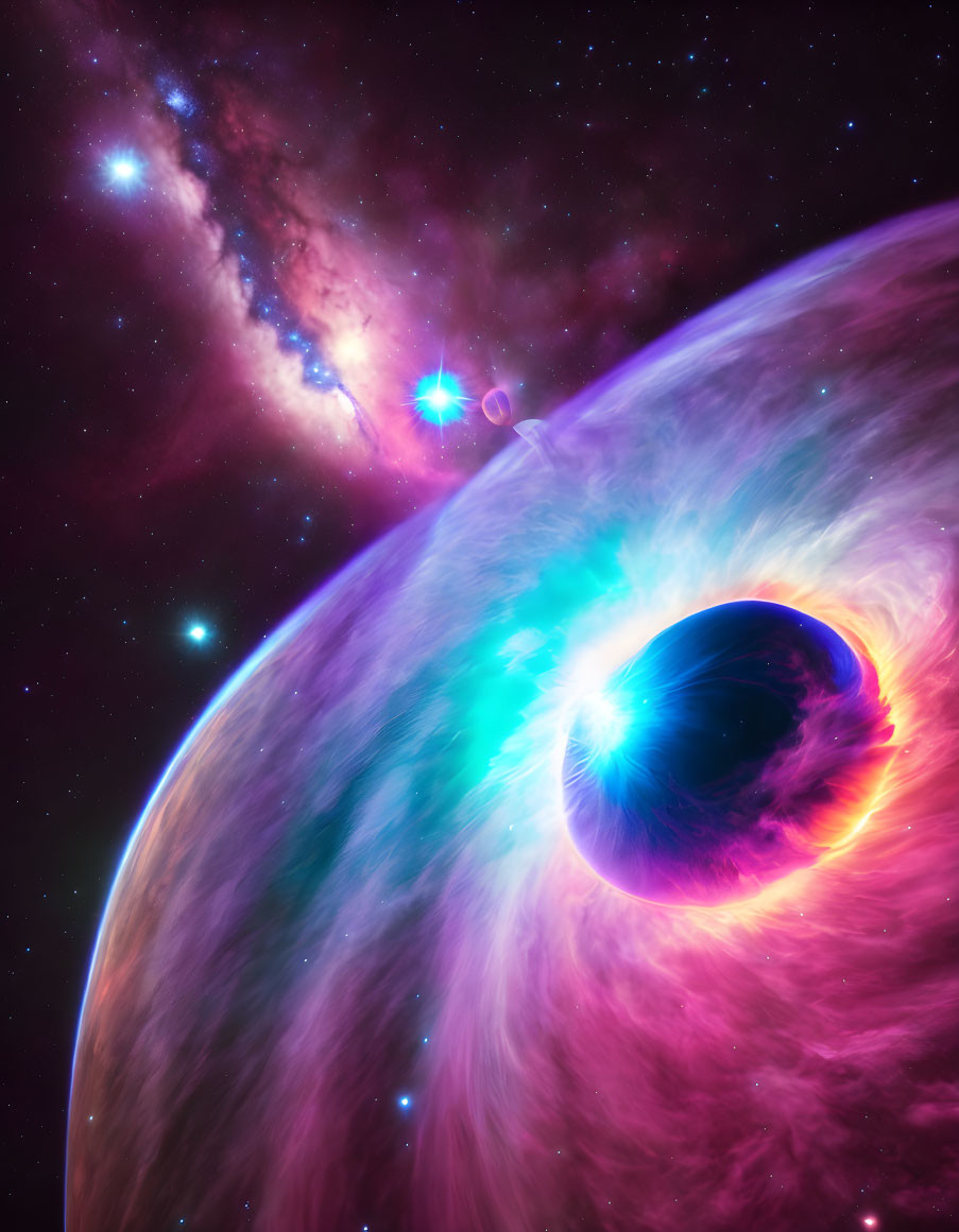 Colorful Planet, Glowing Nebula, and Black Hole in Cosmic Scene