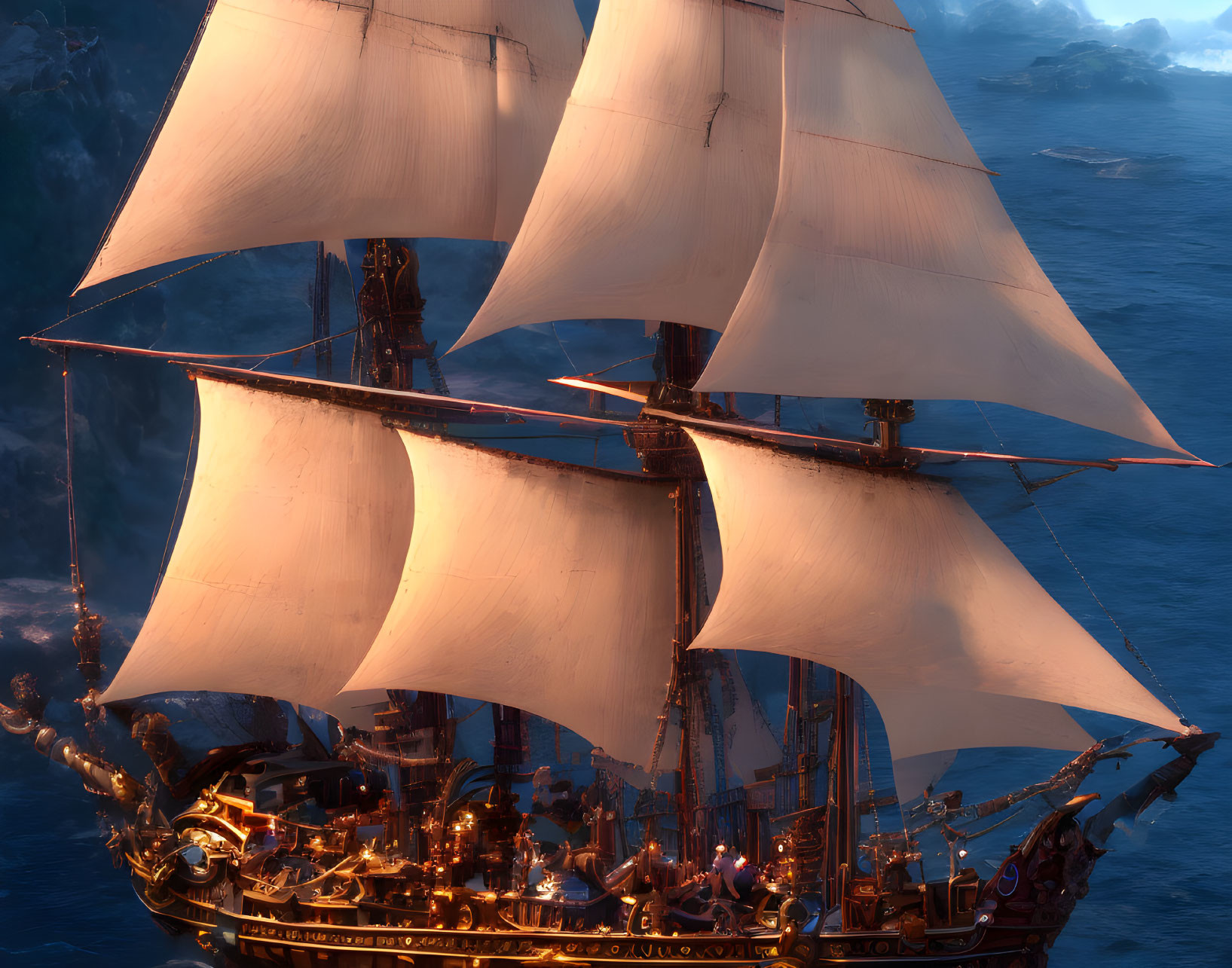 Majestic sailing ship with illuminated deck and billowing sails at twilight