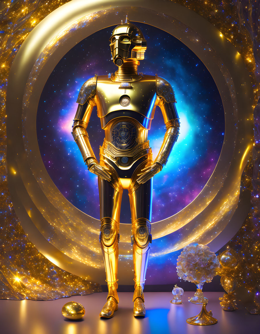 Golden humanoid robot in cosmic setting with swirling rings and stars