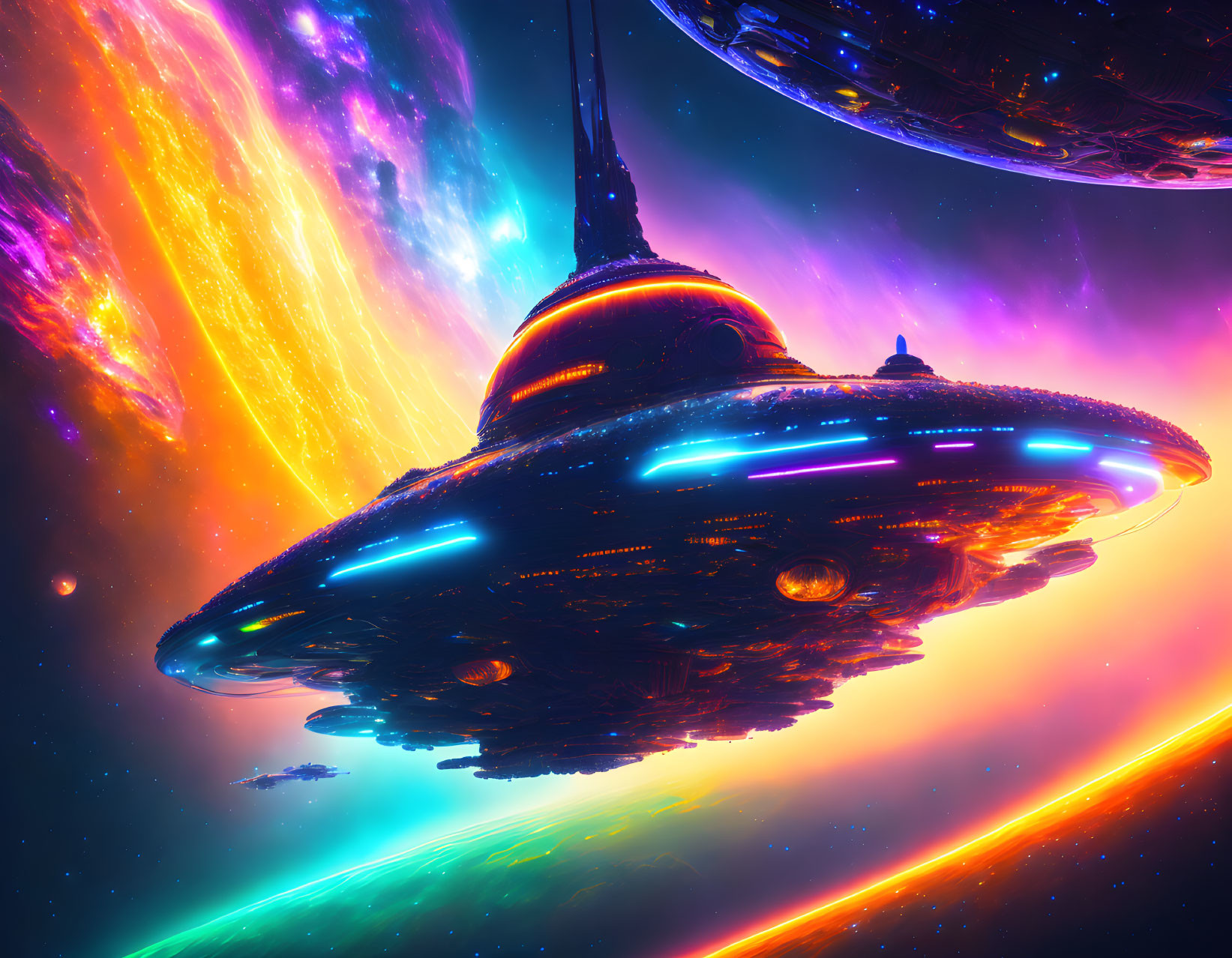 Colorful cosmic backdrop with futuristic spaceships and neon trails