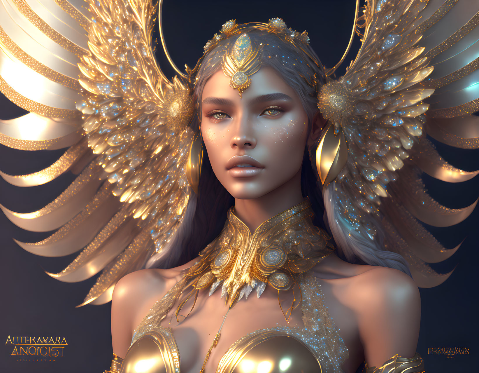 Digital Artwork: Woman with Golden Celestial Headgear and Wing Motif