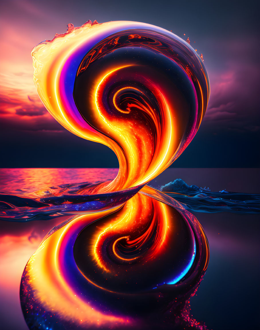 Digital artwork: Fiery vortex over water with sunset sky