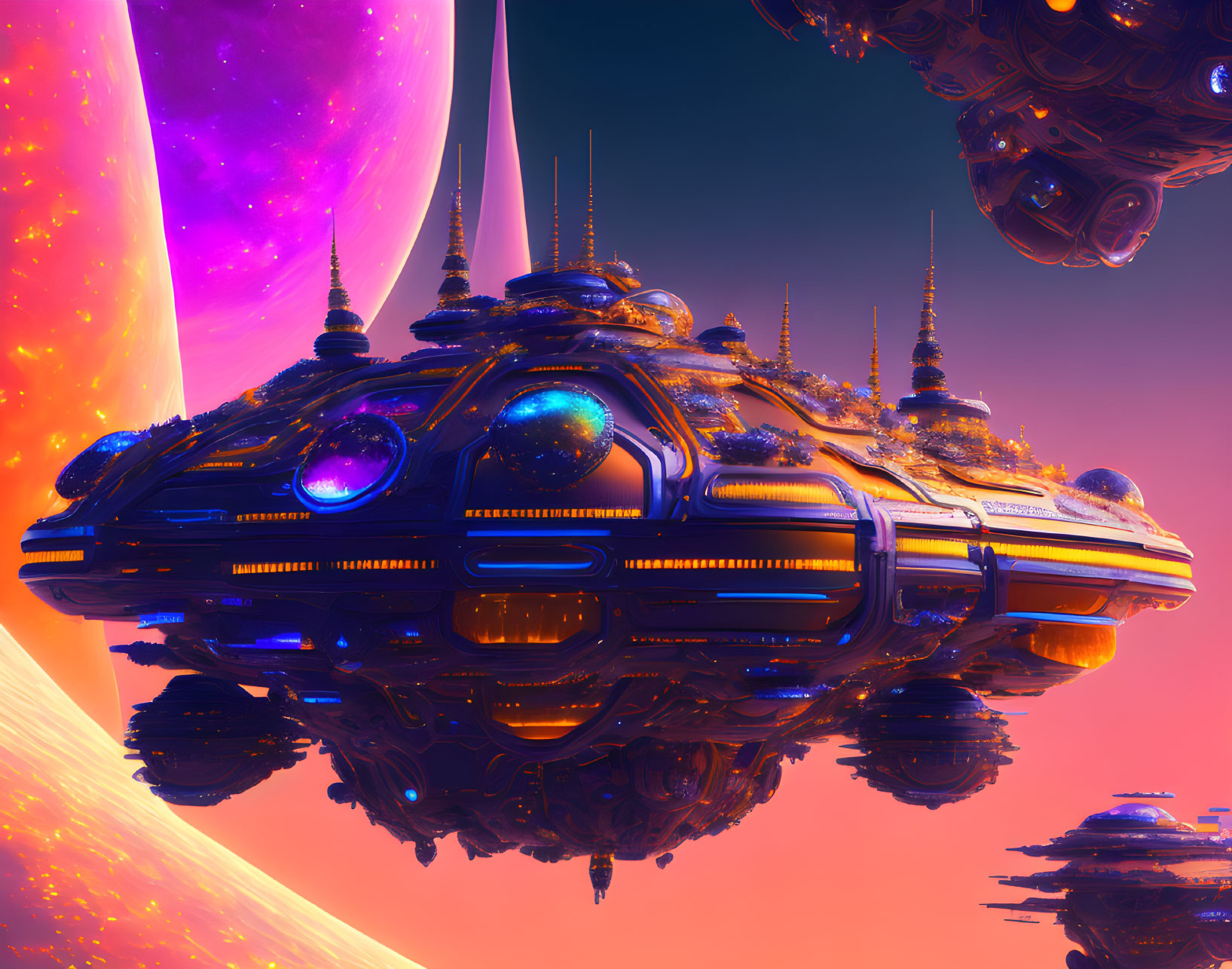 Futuristic sci-fi scene with vibrant spaceships near glowing planet