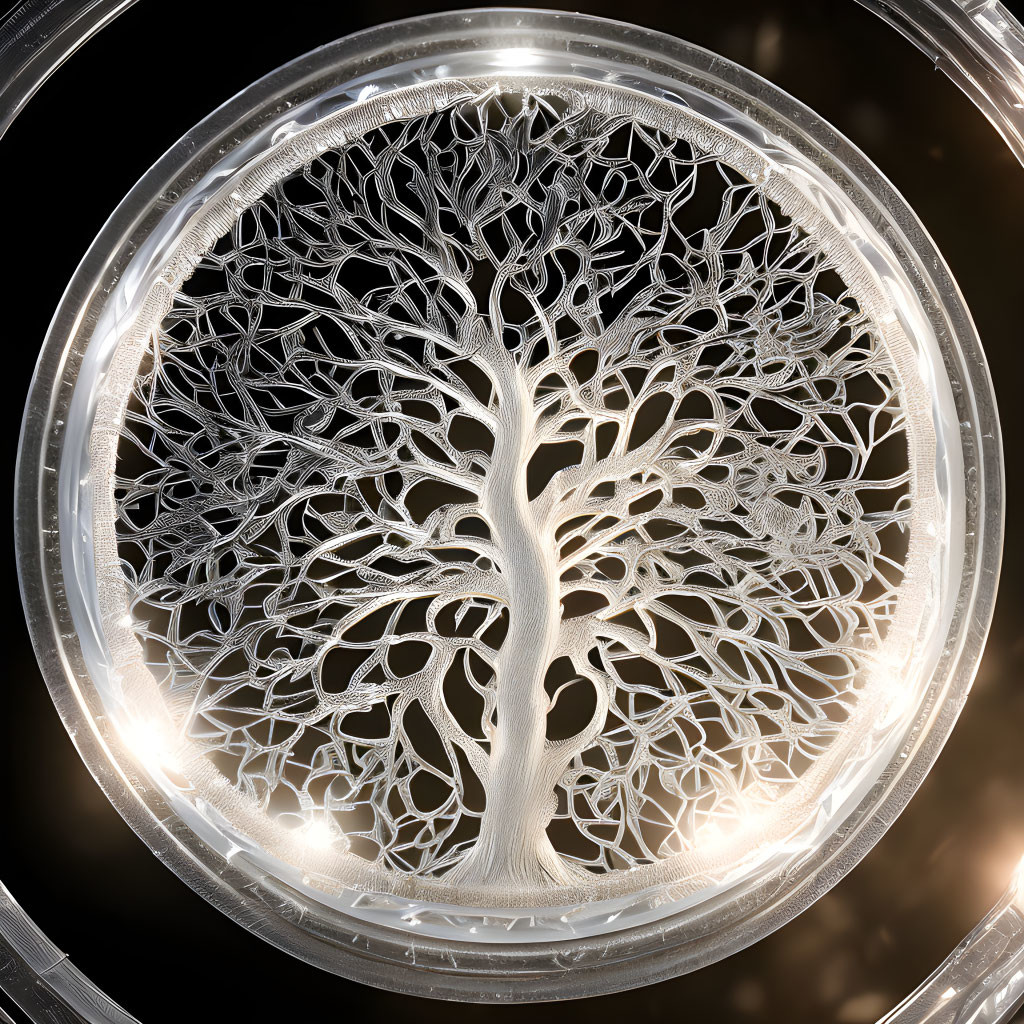 Detailed White Tree in Circular Frame on Black Background