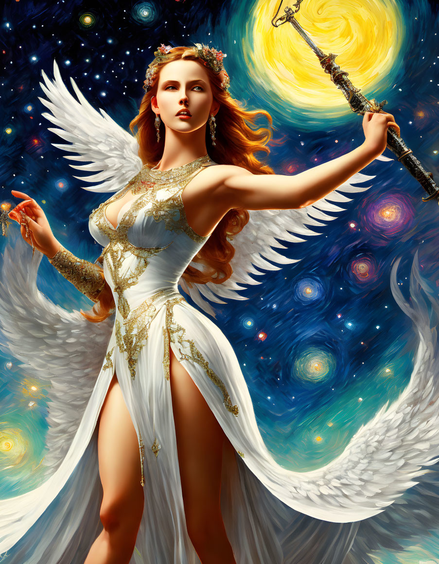 Fantasy illustration of red-haired angel in cosmic setting