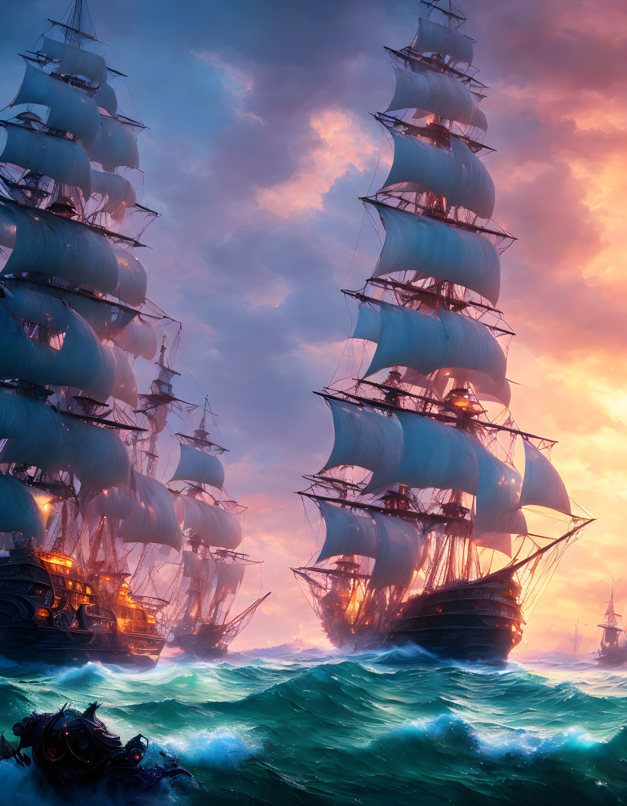 Tall ships with billowing sails on tumultuous ocean waves at fiery sunset